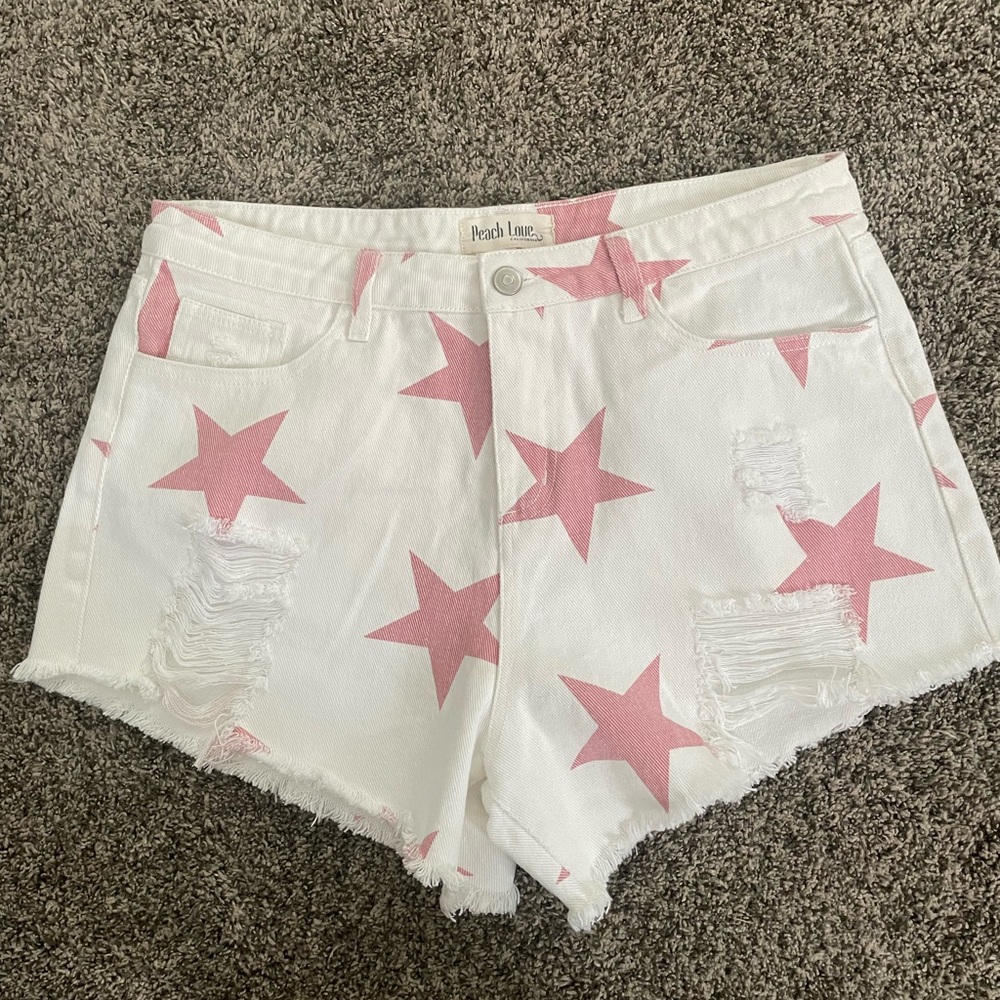 Peach Love Stars Distressed High Rise Jean Shorts NWOT